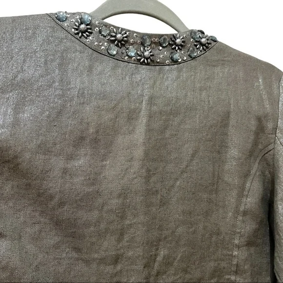 Chico’s 100% Linen Taupe Metallic Open Front Jacket Jeweled Neckline Sz S - Picture 5 of 11